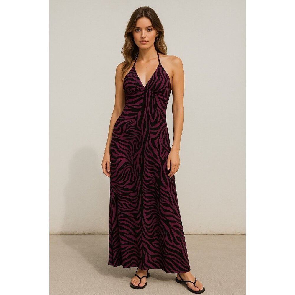 L8ter Y2K Retro‎ Zebra Print Milk Maid Maxi Dress Women Medium Purple Whimsigoth